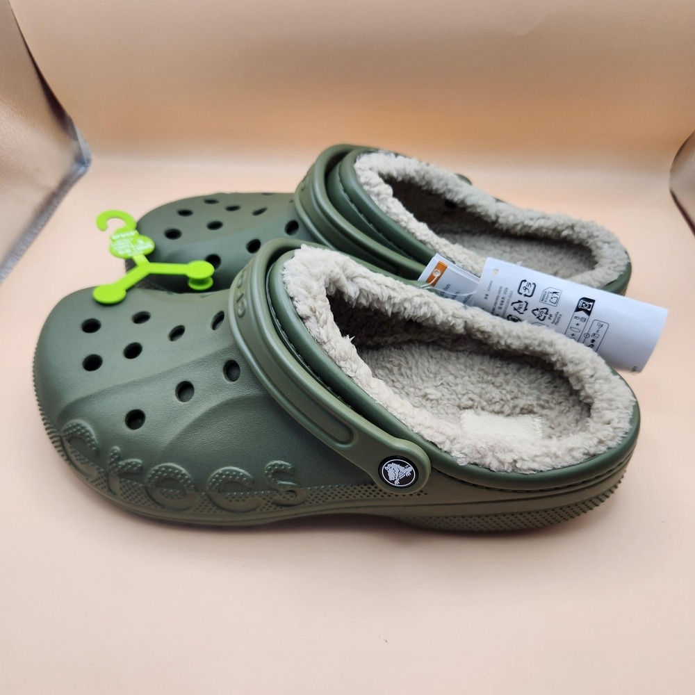 Crocs Baya Lined Clogs Size M10/W12 Green Faux Fur Slippers Comfort Slip On